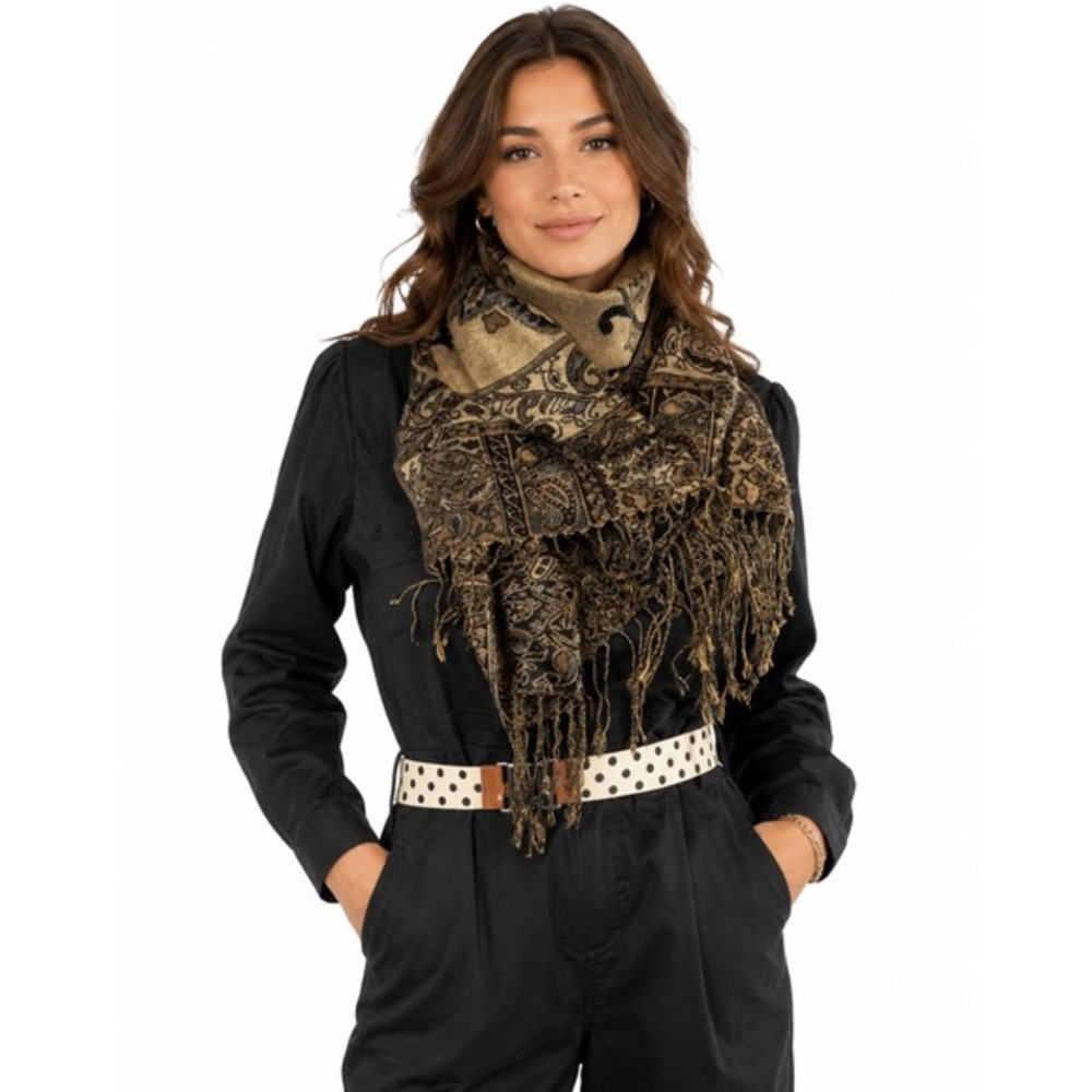 Collection Eighteen Brown Gold Paisley Metallic Pashmina Wrap Scarf Fringe 67-06